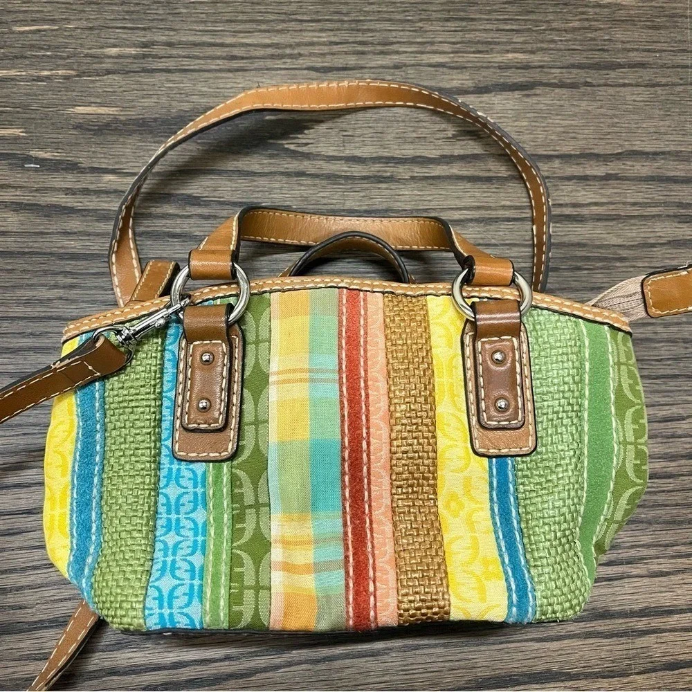 Fossil Patchwork Striped Canvas Leather Satchel Crossbody Bag Multicolor Green